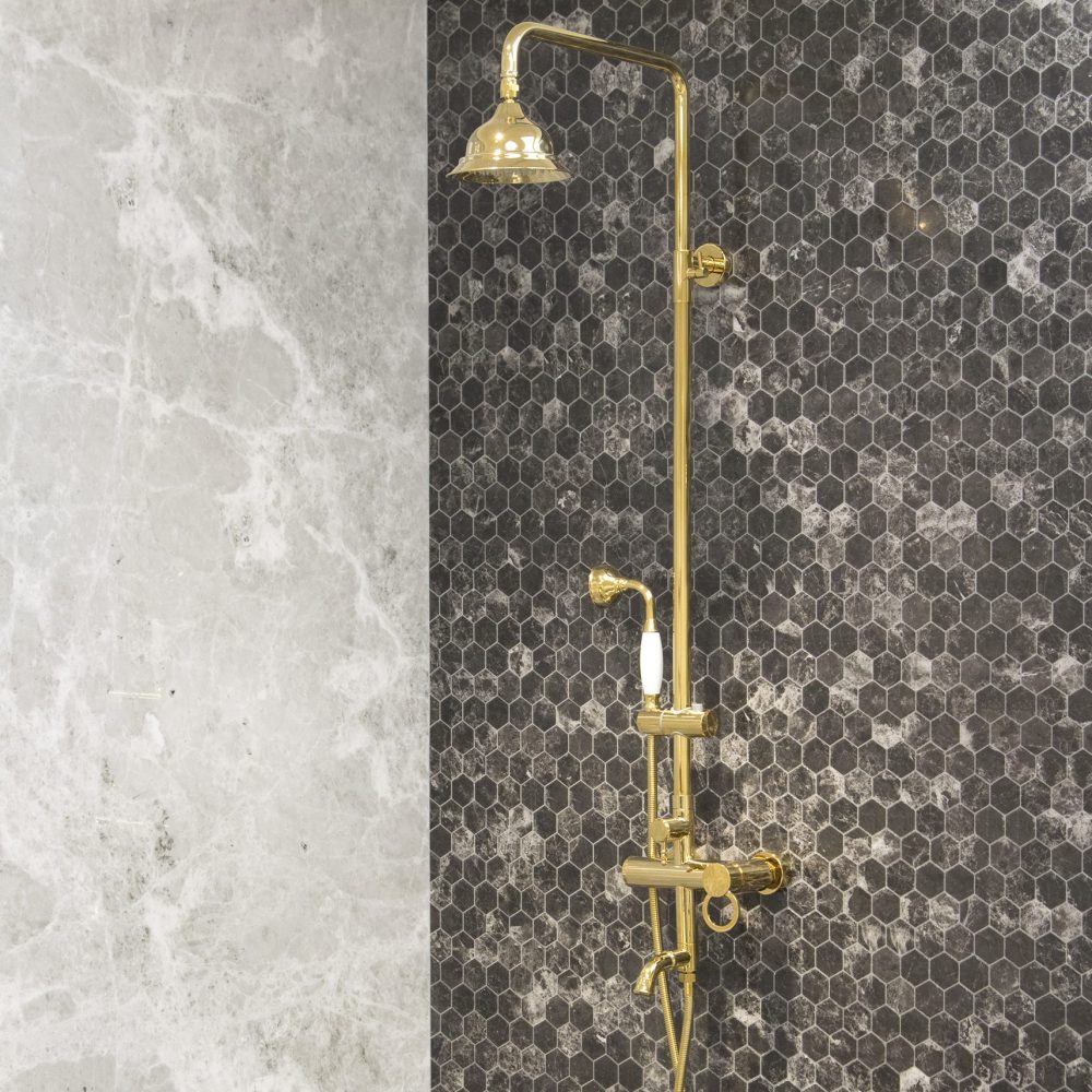 Tyvarian designed walk-in shower featuring Obsidian Hexagon Tile Wall